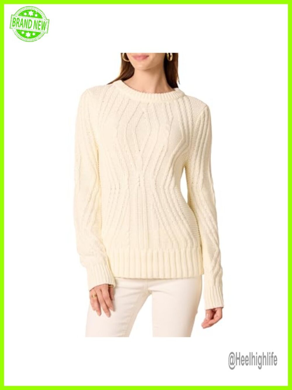 Women's 100% Cotton Cable Knit Crewneck Long Sleeve Pullover Sweater
